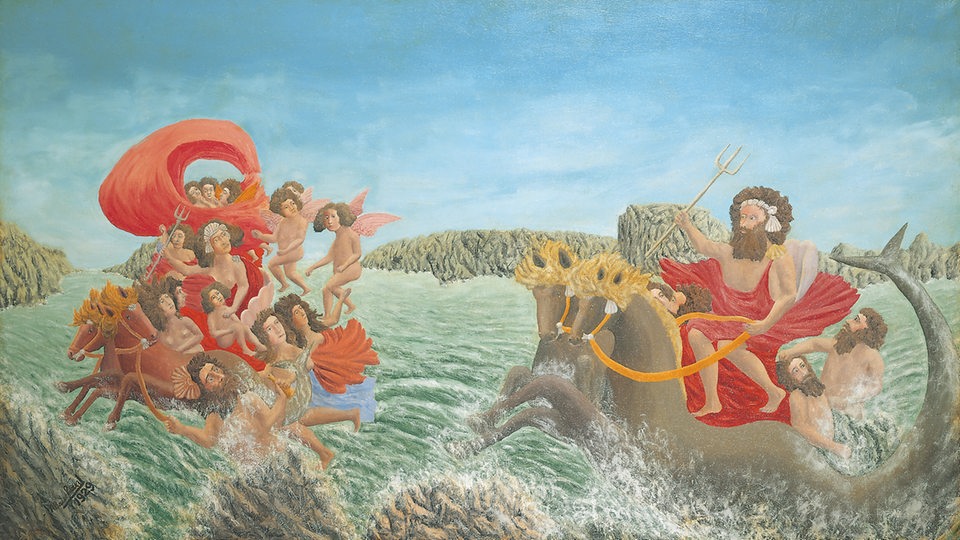 Neptun verfolgt Engel auf seinem Streitwagen