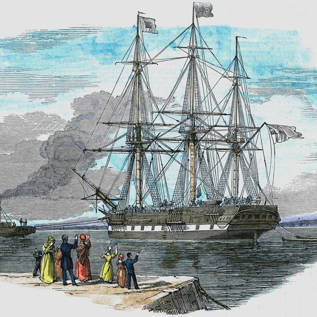 Britisches Auswandererschiff wird vor dem Auslaufen nach Sydney, Australien, aus dem Hafen geschleppt (Illustration)