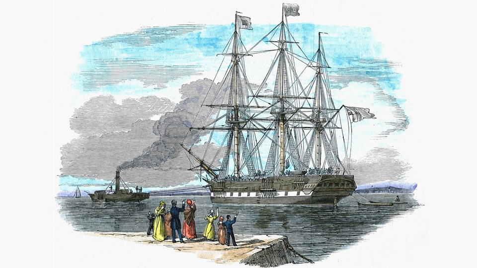 Britisches Auswandererschiff wird vor dem Auslaufen nach Sydney, Australien, aus dem Hafen geschleppt (Illustration)