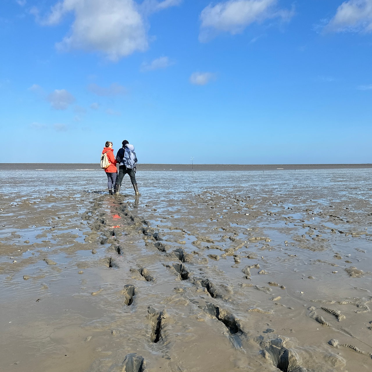 Zwei Personen stehen im Watt an der Nordsee.