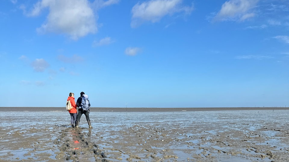 Zwei Personen stehen im Watt an der Nordsee.