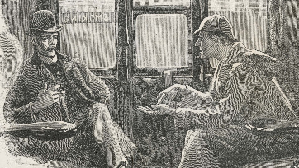 Holzstich aus einem historischen Buch: Holmes und Watson sitzen in einem Zugabteil.