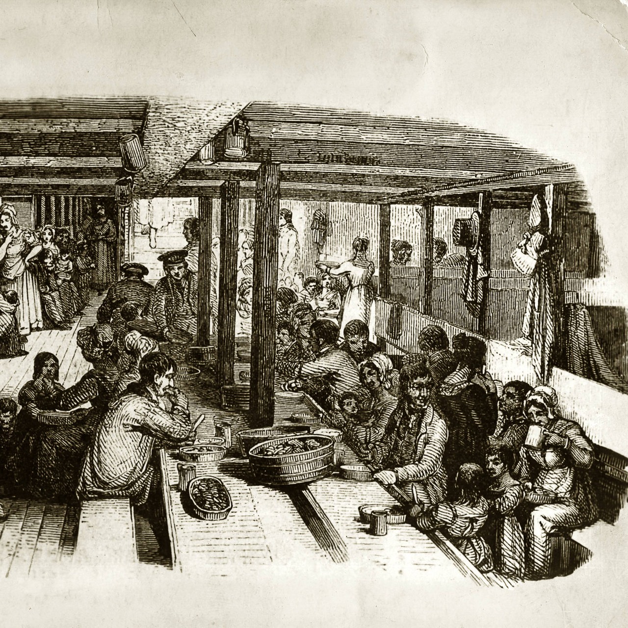 Das Mitteldeck eines Auswandererschiffes. Holzstich, 1847.