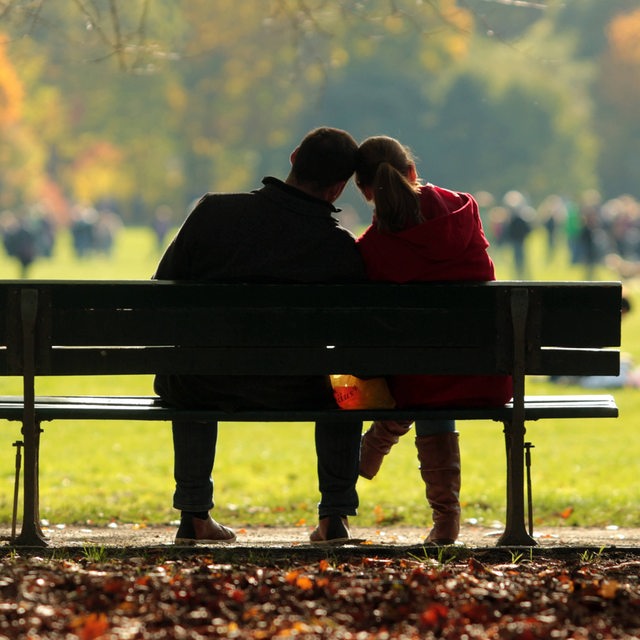 Ein junges Paar in Rückenansicht auf einer Parkbank schaut auf eine Wiese mit vielen Menschen