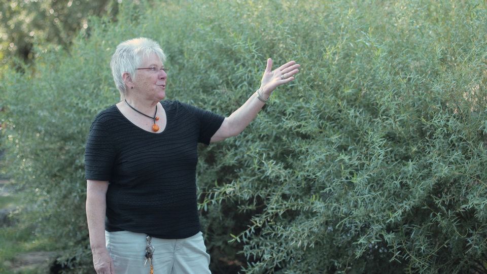 Edith Wangenheim zeigt auf eine Böschung