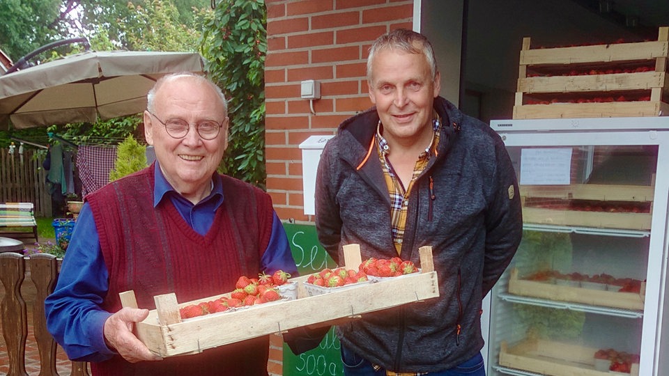 Zwei Männer und eine Box mit Erdbeeren