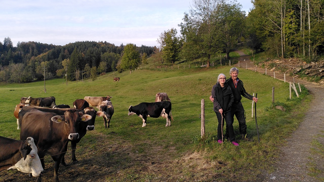 Die Alpbauern Karin und Armin Bechter auf der Alp vor ihren Milchkühen.