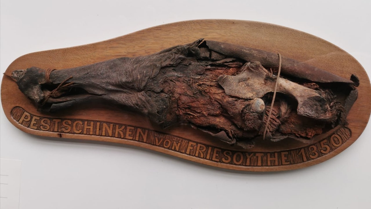 Ein uralter Schinken, sehr dunkel verfärbt, auf einem Holzbrett.