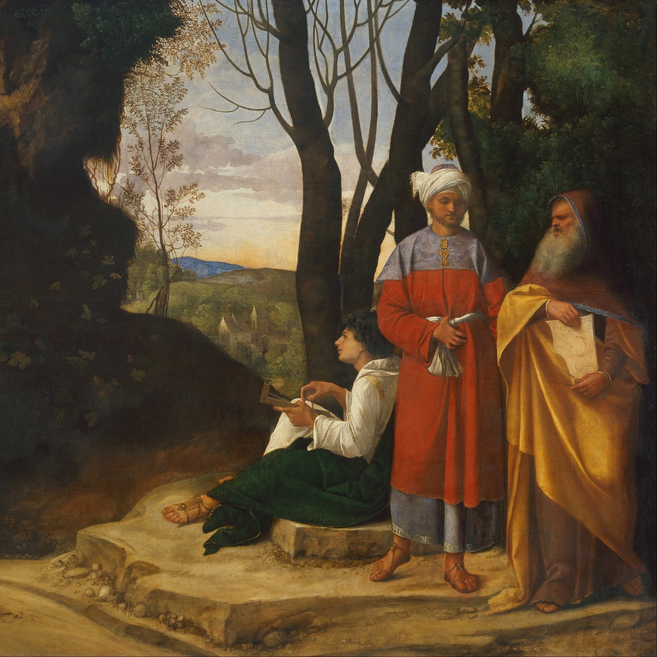 Das Ölgemälde von Giorgione, erstellt um 1508/1509, zeigt 3 Philosophen in der Natur