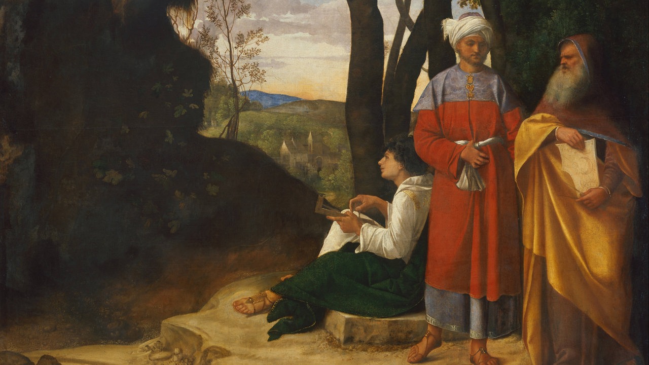 Das Ölgemälde von Giorgione, erstellt um 1508/1509, zeigt 3 Philosophen in der Natur