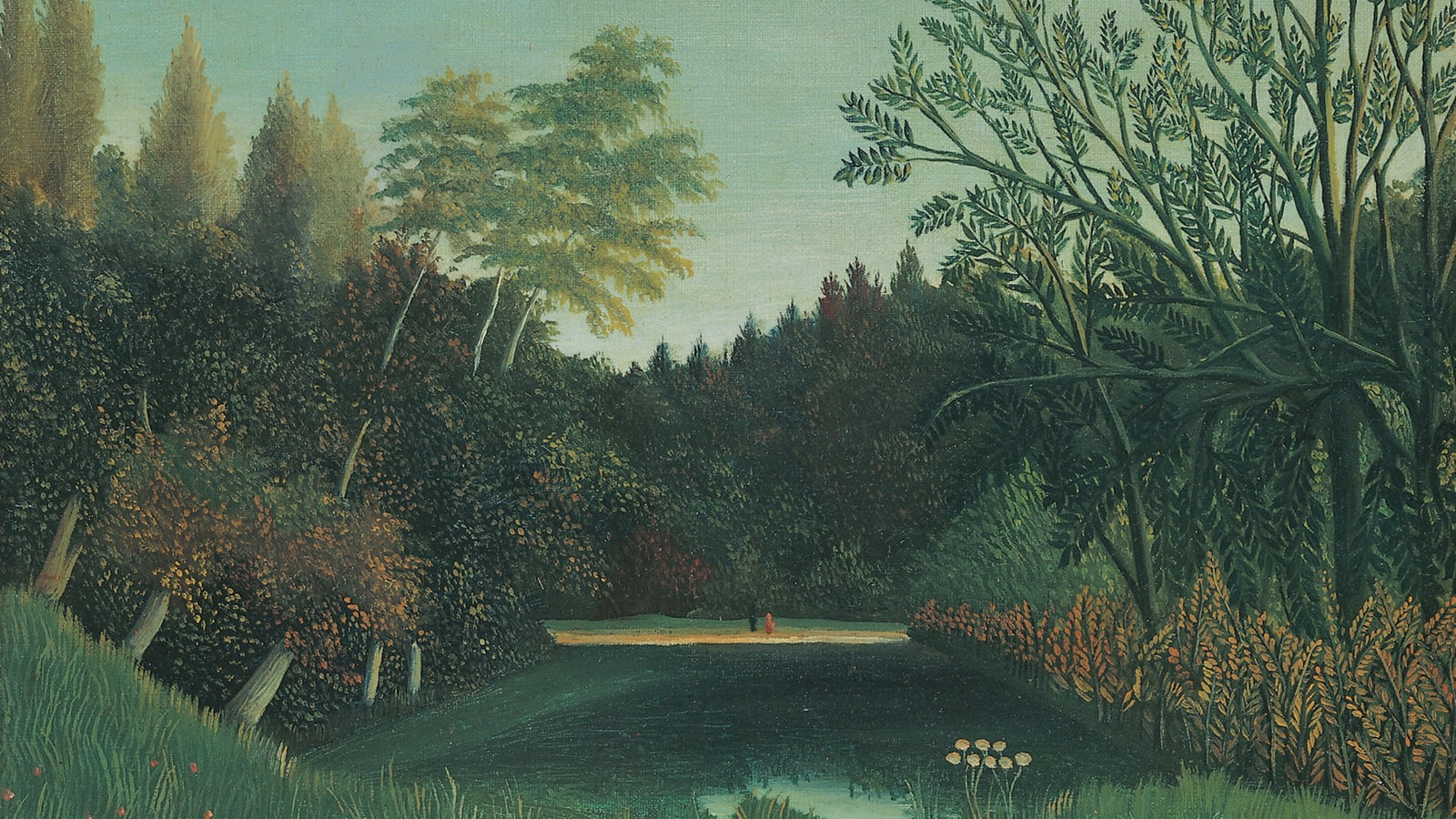 Waldlandschaft mit Blumenwiese, See, Bäumen und Menschen am Ufer