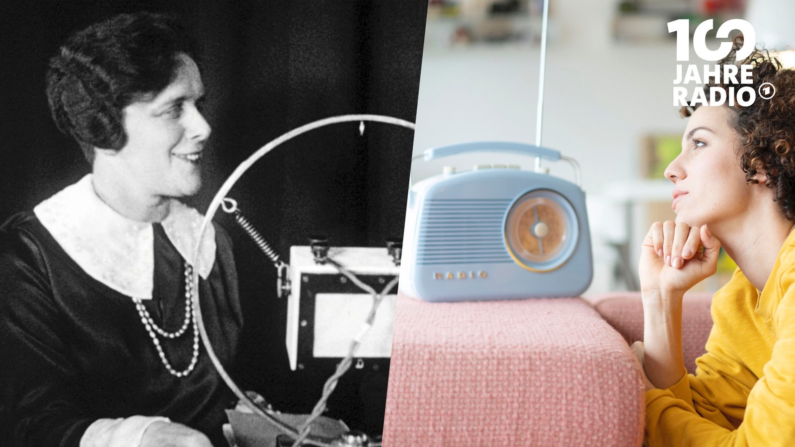 Schwarzweissfotografie einer Frau vor einem alten Radio und ein farbiges Bild eine Frau mit einem Retro-Radio (Montage)