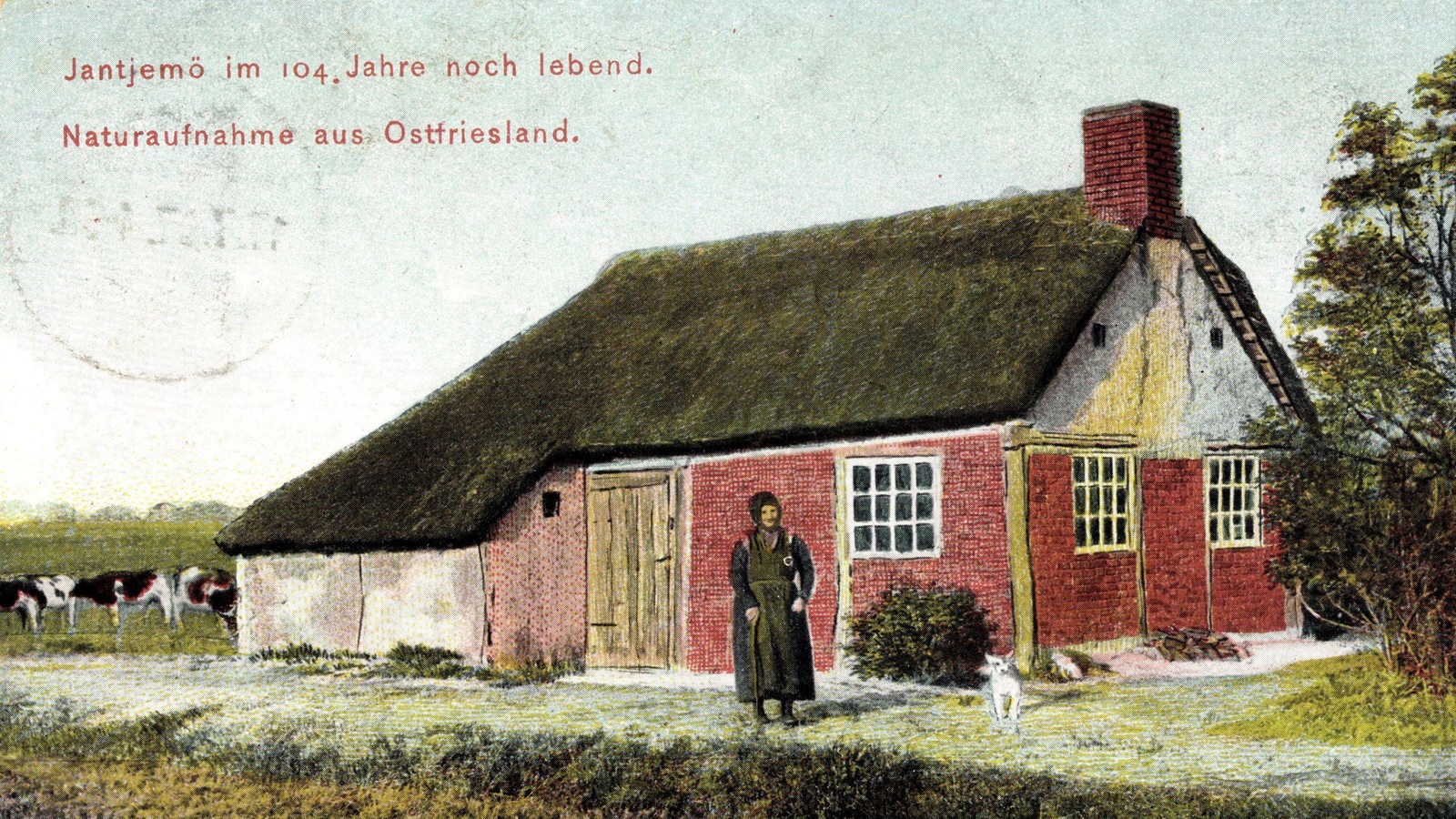 Alte Postkarte mit einem Foto einer Frau, die 104 Jahre alt ist und vor ihrem Haus steht.