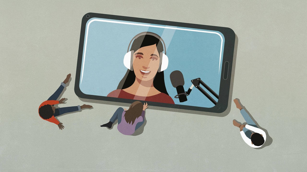 Illustration von Menschen, die einer Vloggerin auf einem übergroßen Smartphone zuschauen (Symbolbild)