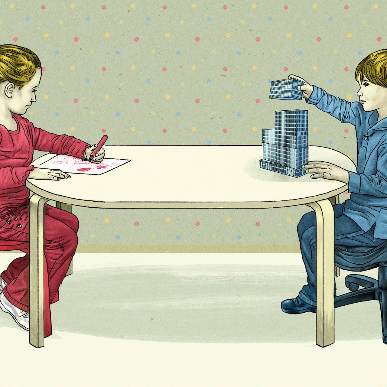 ein Mädchen in roter Kleidung und ein Junge in blauer sitzen sich an einem Tisch gegenüber (Symbolbild)
