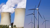 Collage: Kraftwerks-Schornsteine  und Windkraftanlagen (Montage)
