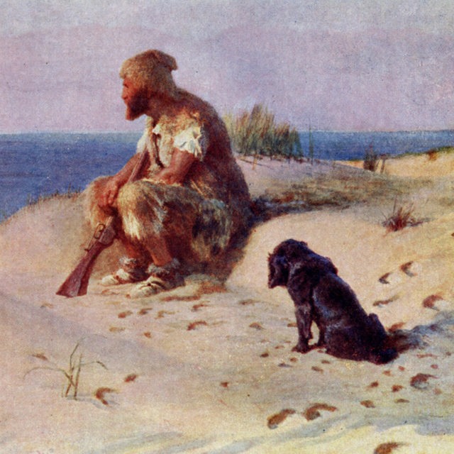Illustration der literarischen Figur Robinson Crusoe am Strand, der aufs Wasser blickt