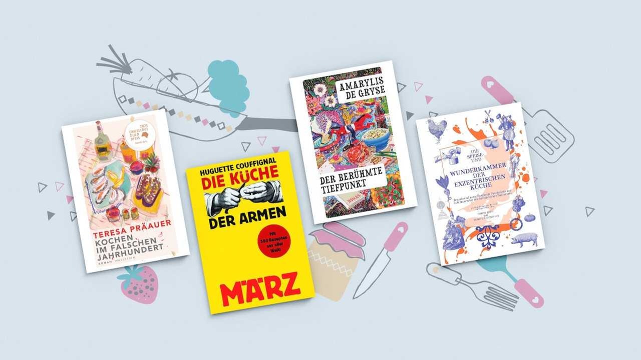 4 Buchcover mit Illustrationen hinterlegt