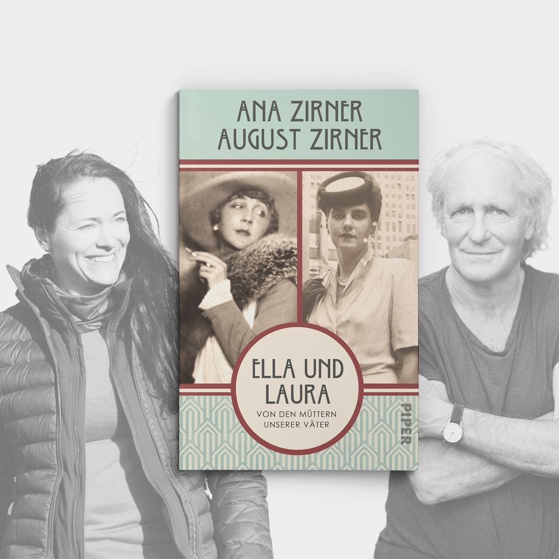 Ana und August Zirner neben einem schwarz weißen Buchcover