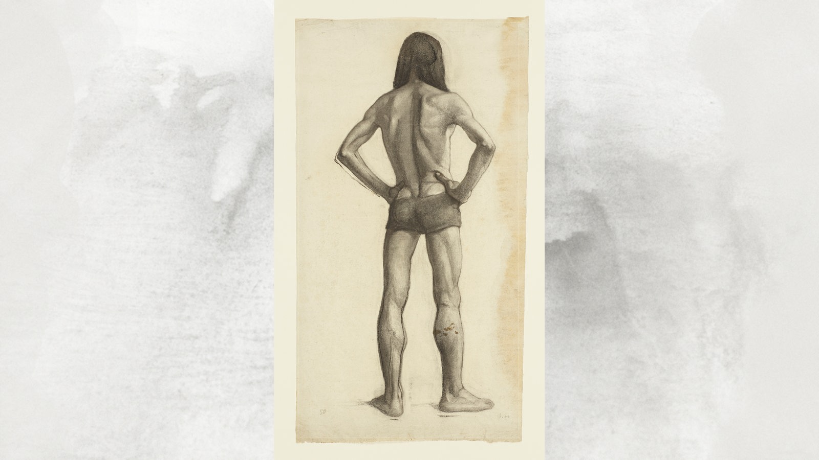 Paula Modersohn-Becker: Stehender männlicher Akt mit langem Haar in Rückenansicht, die Hände in die Hüften gestemmt, 1906