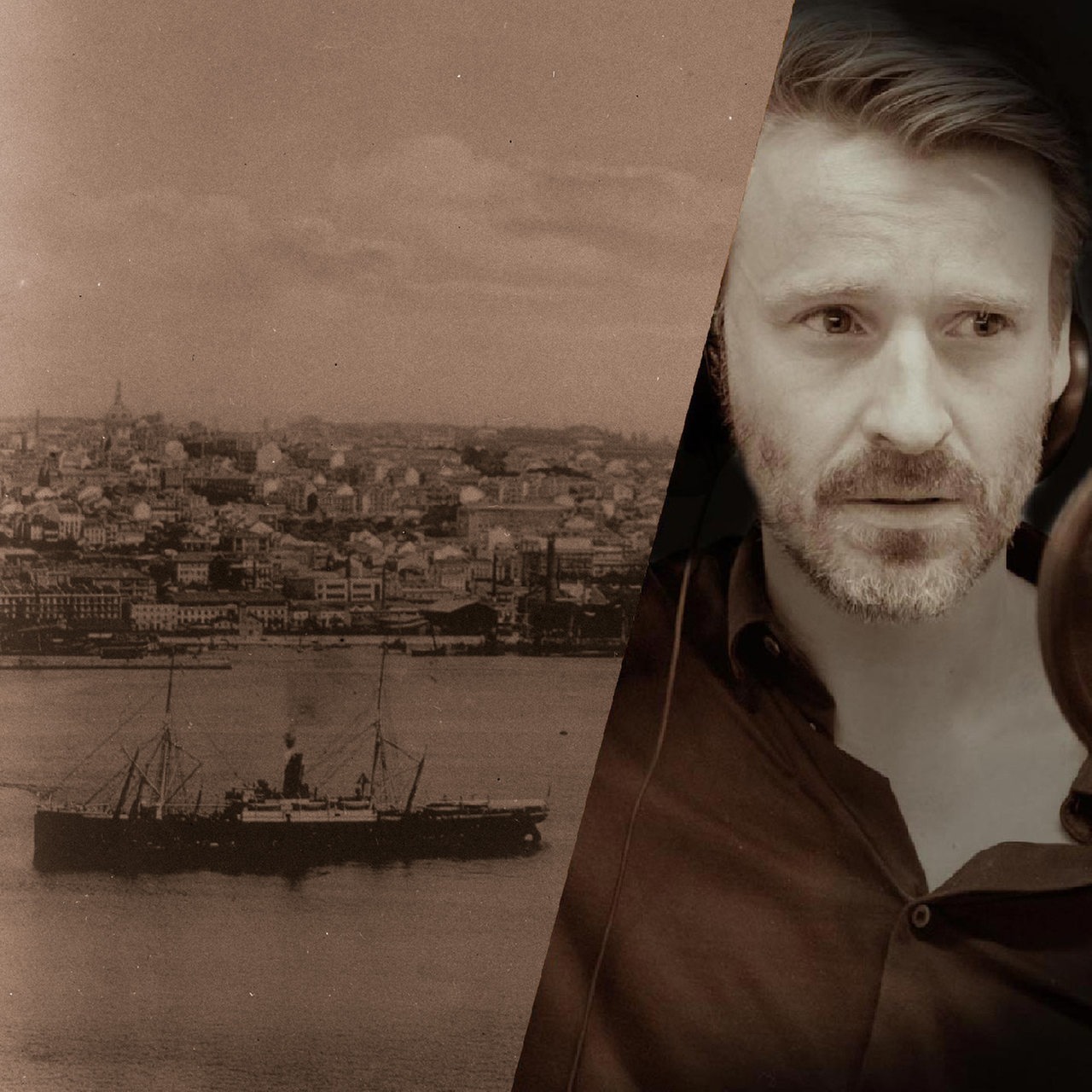 Schauspieler Max von Pufendorf neben einem Foto vom Hafen in Lissabon.