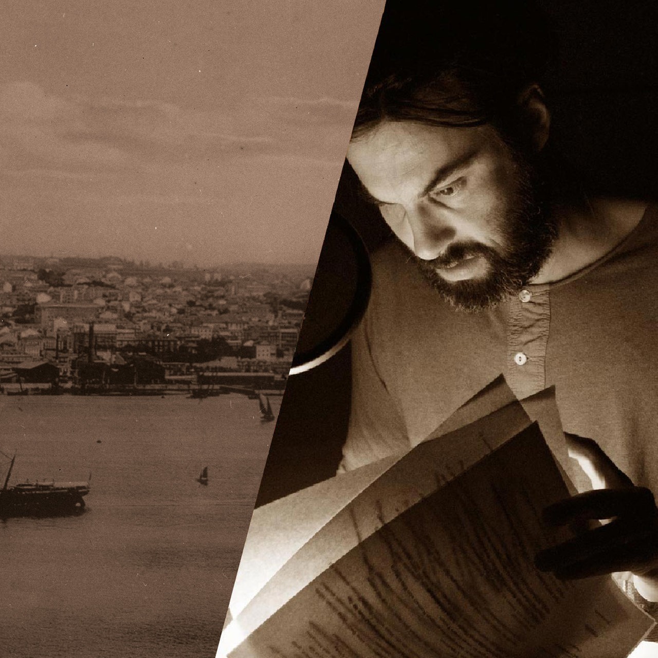 Schauspieler Max Simonschek neben einem Foto vom Hafen Lissabon.