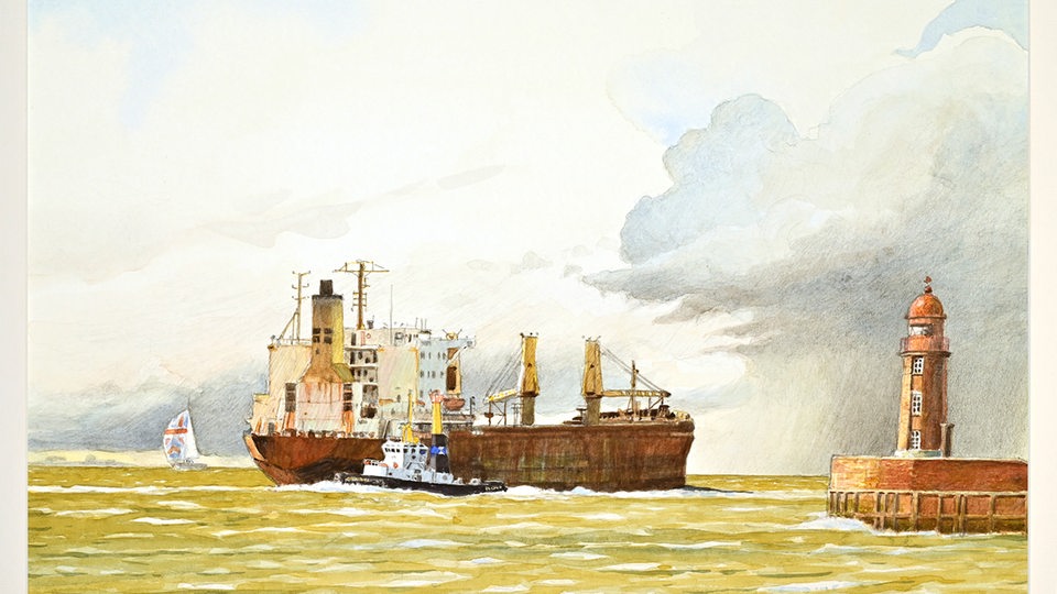 Ein Gemälde von einem Schiff neben dem Bremerhavener Molenturm