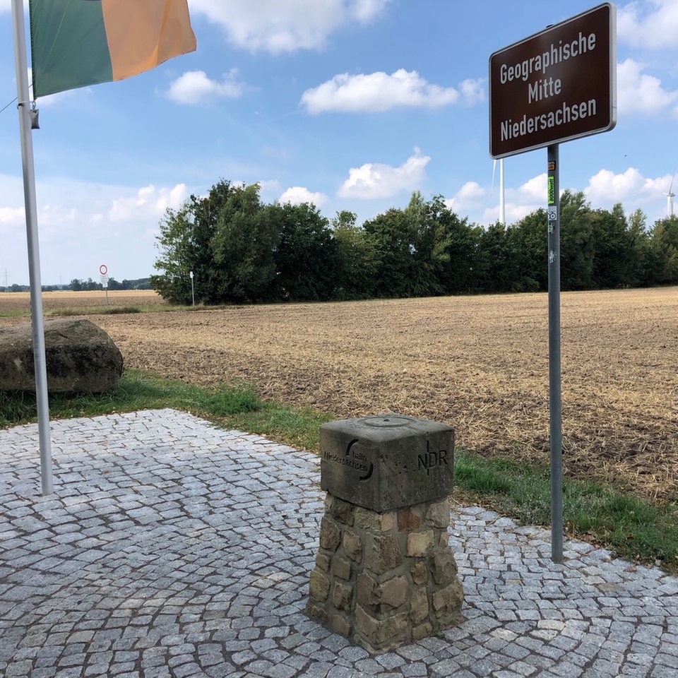 Schild, Stein und Fahne an einem Acker