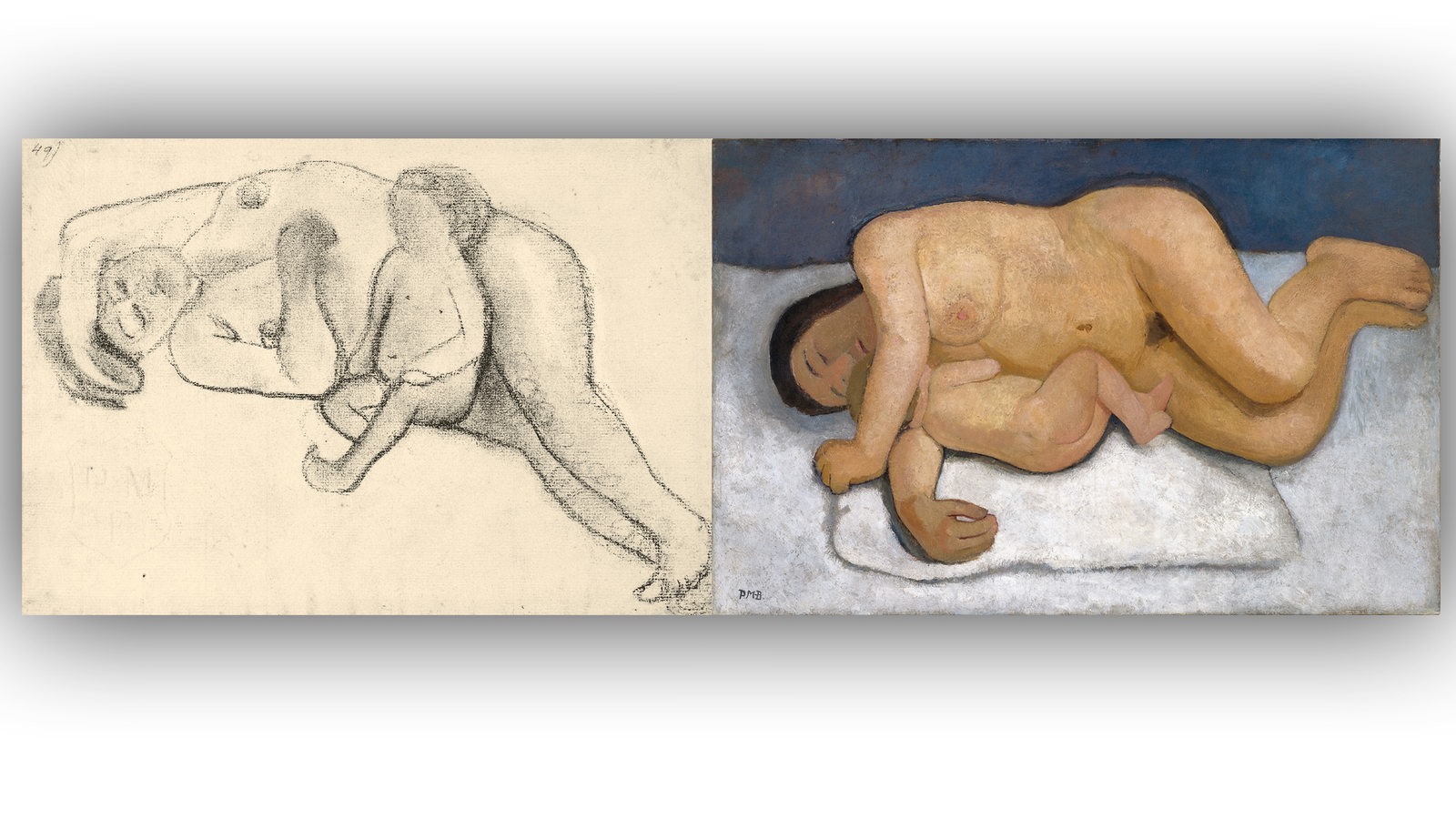 Bildmontage zeigt die Bilder von Paula-Modersohn-Becker: "Liegender weiblicher Akt mit sitzendem Kind" (Kohlezeichnung) und "Liegende Mutter mit Kind II" (Öl auf Leinwand) nebeneinander