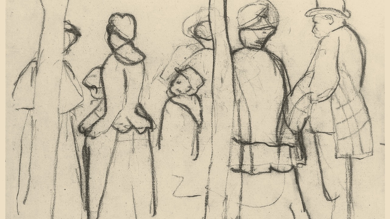 Zeichnung von Männern, Frauen und Kindern in historischer Kleidung zwischen Bäumen