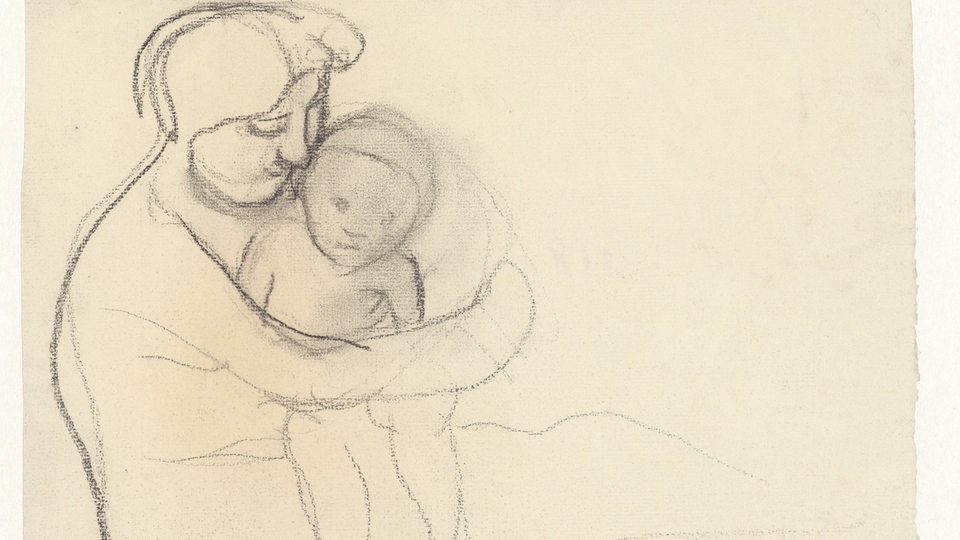 Zeichnung eines auf dem Boden sitzender weiblicher Akt mit einem Kind auf dem Schoß