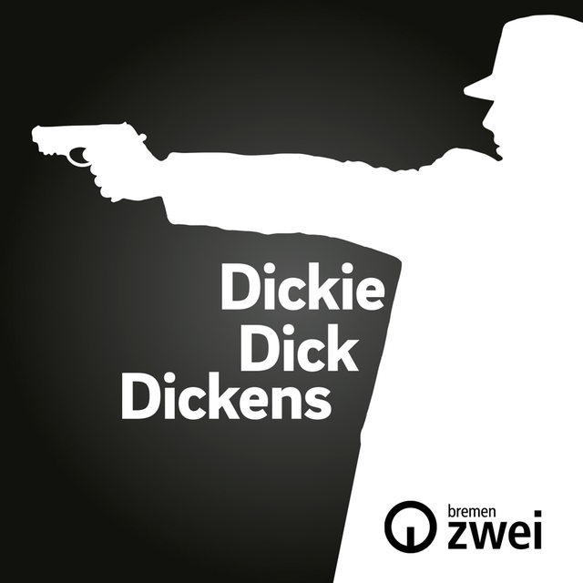 Dickie Dick Dickens – Silhouette eines Manns mit Pistole, Hut und Trenchcoat.