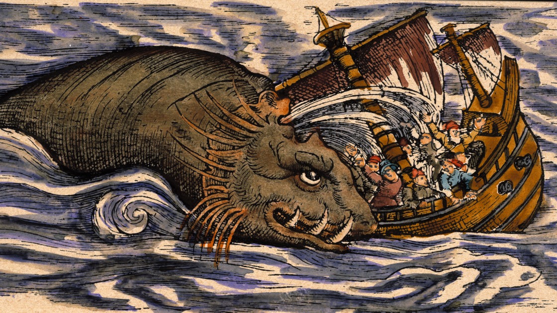 Kolorierter Holzschnitt zeigt ein Seeungeheuer, das ein Schiff angreift