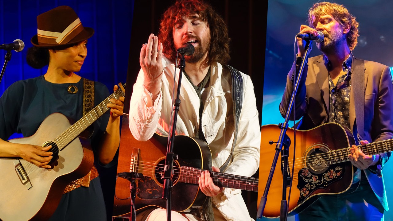 Collage zeigt die Sängerin Tokunbo, Jonathan Jeremiah und Niels Frevert jeweils mit Gitarren auf der Bühne