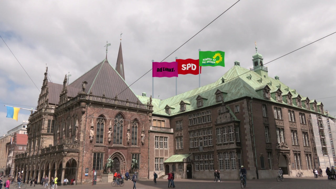 Das Bremer Rathaus mit SPD- Linke- und Grühnenpfahnen  