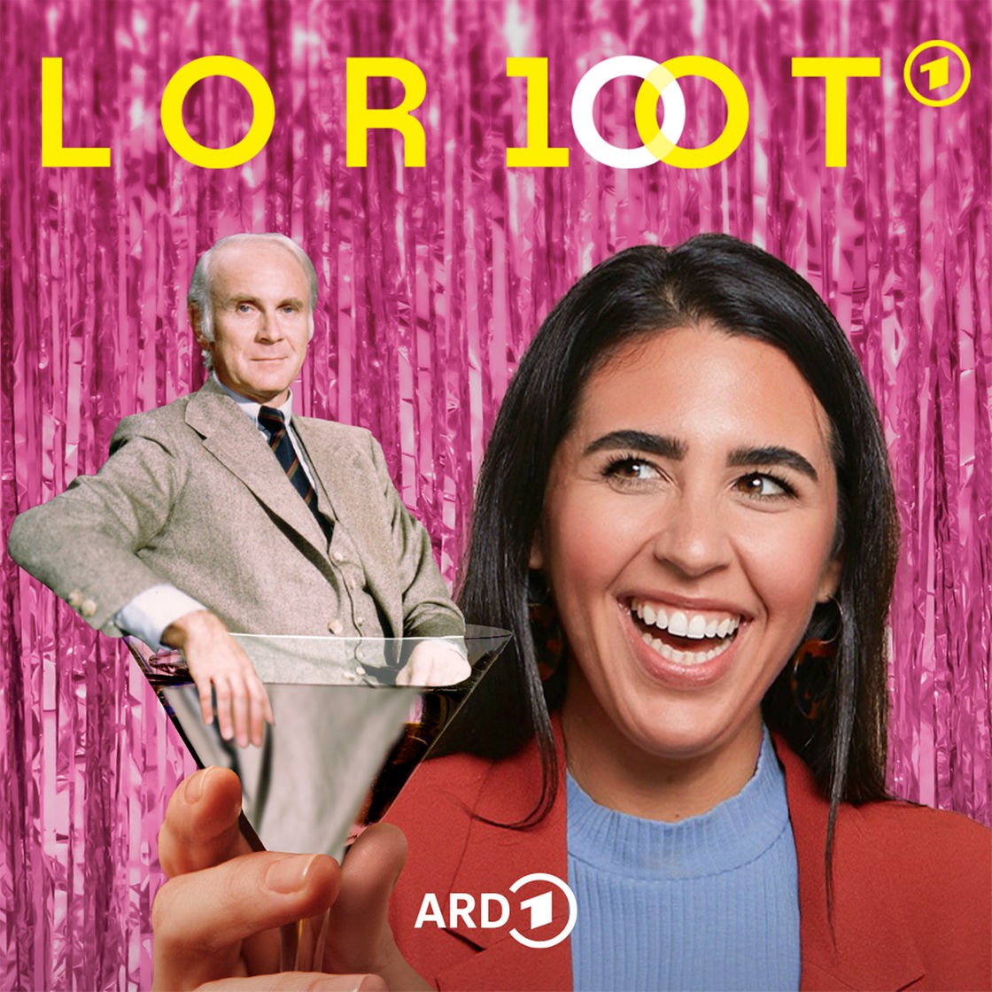 Collage: Ariana Barborie sitzt lachend vor einem Vorhang aus Lametta und hält ein Sektglas un der Hand, in dem Loriot sitzt. Darüber der Schriftzug: Loriot 100