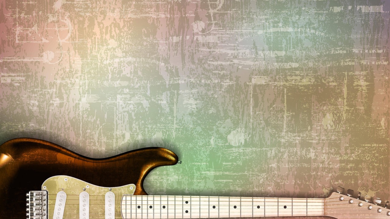 Abstrakter grauer Hintergrund, am unteren Bildrand befindet sich im Anschnitt eine Gitarre.