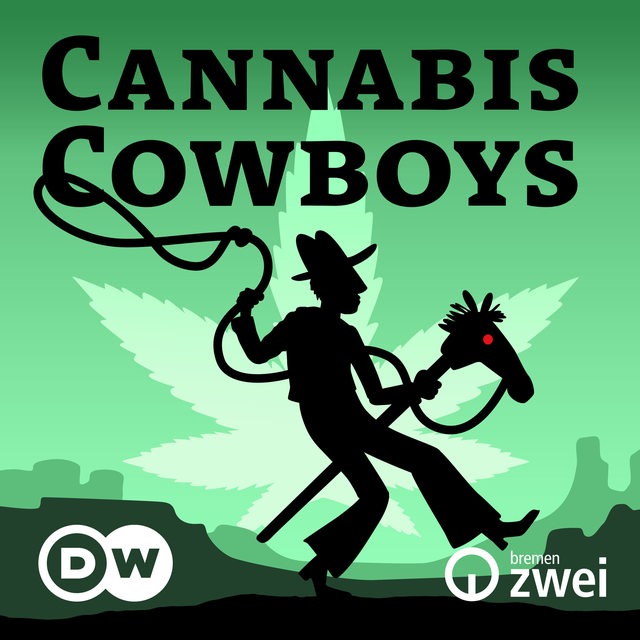 Silhouette eines Cowboys auf einem Steckenpferd mit Lasso, dahinter ein Hanfblatt