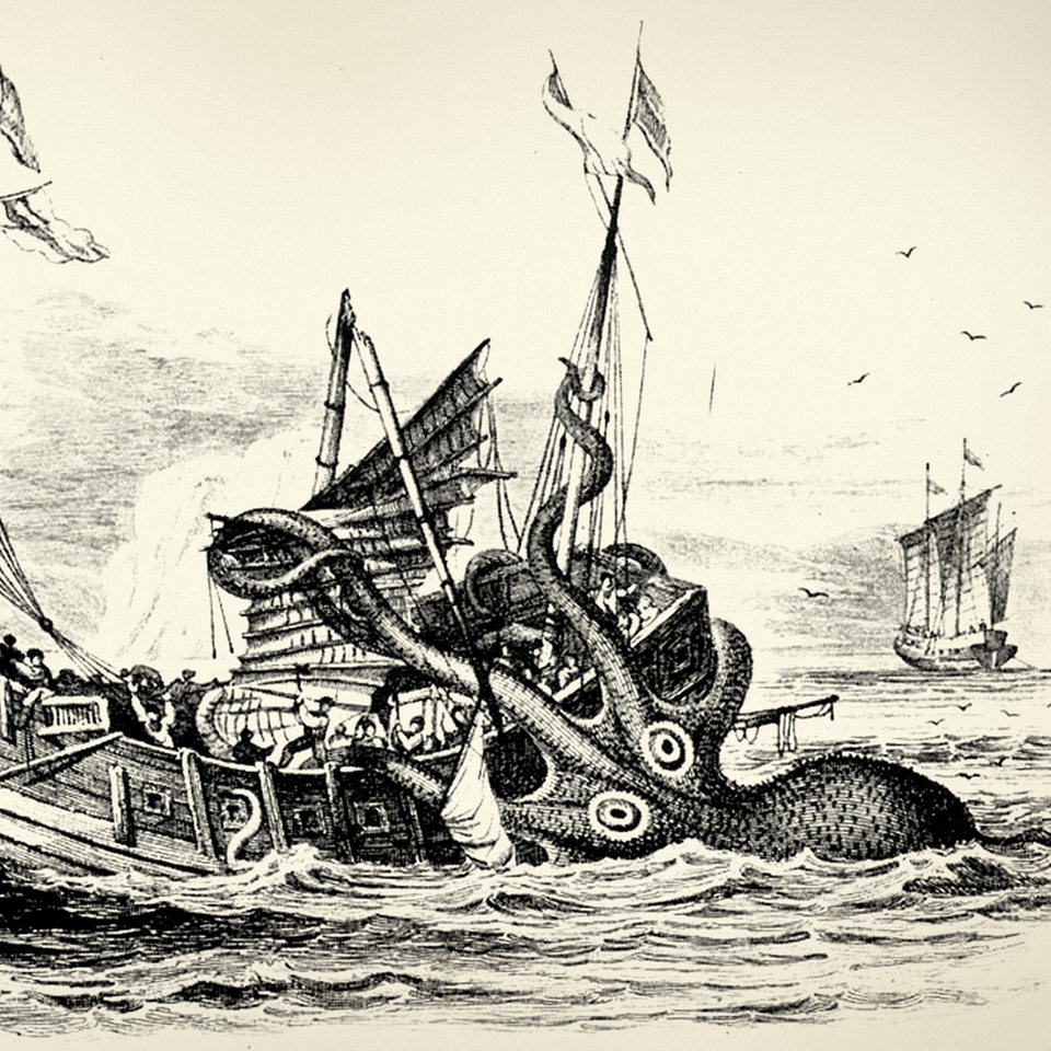 Zeichnung: Riesenkrake attackiert ein Segelschiff.