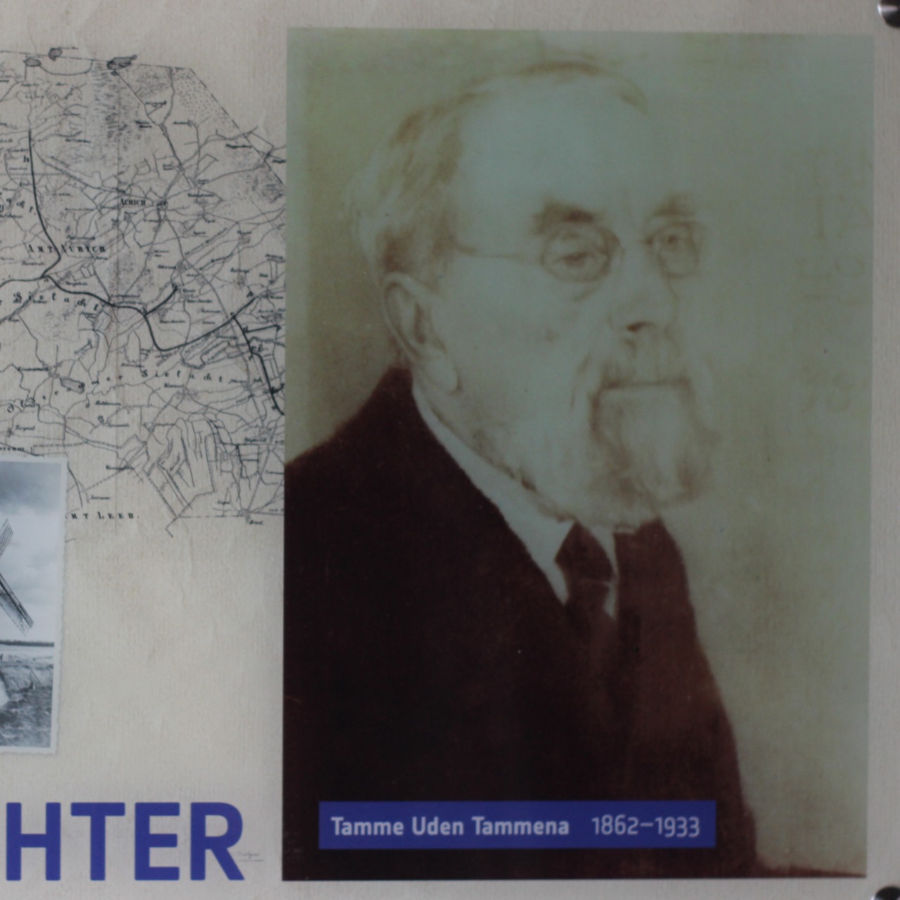 Landkarte von Ostfriesland, rechts daneben eine Porträtzeichnung von Sielrichter Tammena