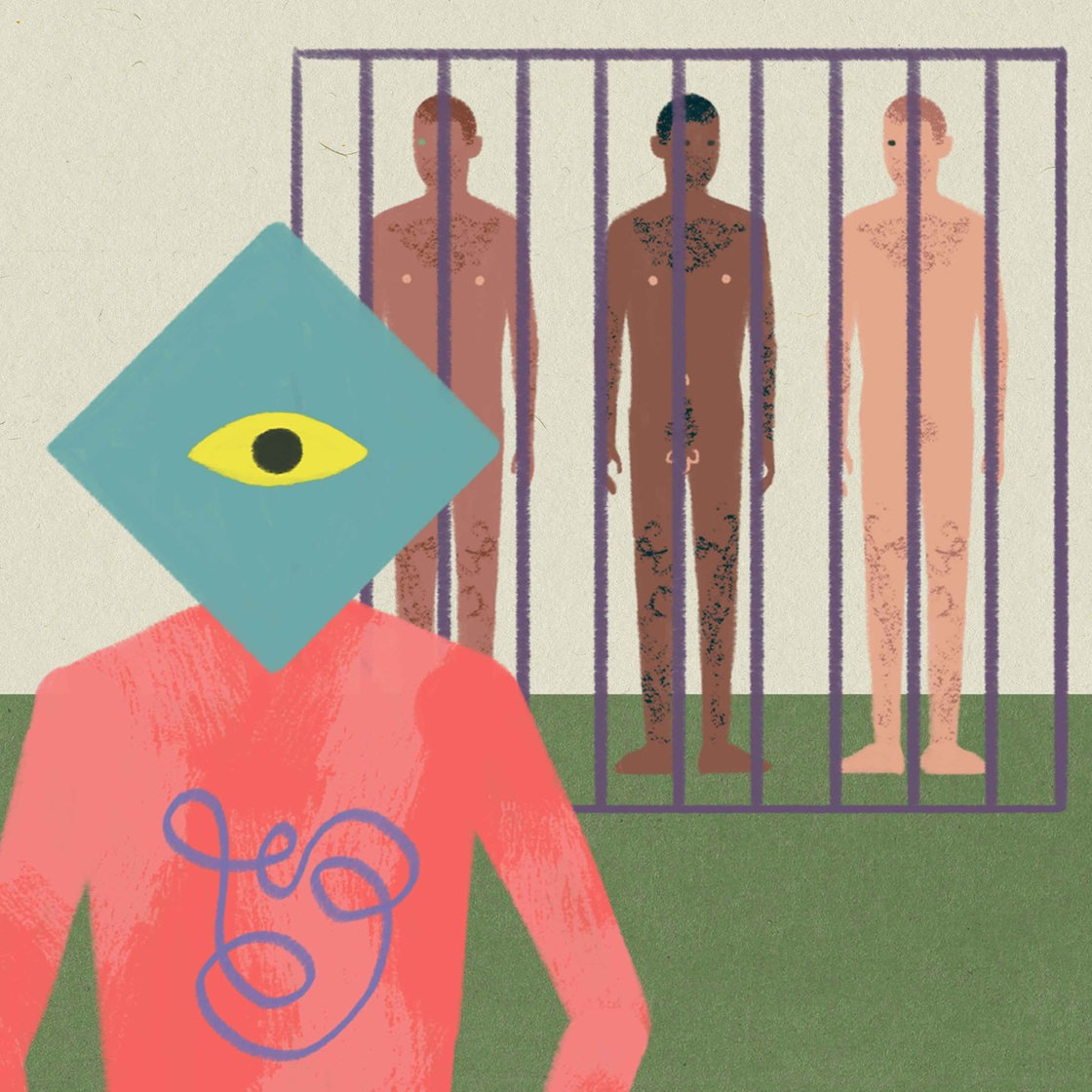 Zeichnung: Mensch mit übergroßem Auge statt Gesicht und stilisiertem Darm und drei Männer hinter Gittern