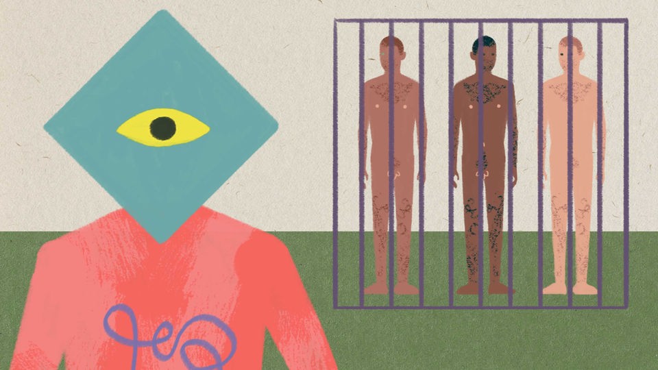 Zeichnung: Mensch mit übergroßem Auge statt Gesicht und stilisiertem Darm und drei Männer hinter Gittern