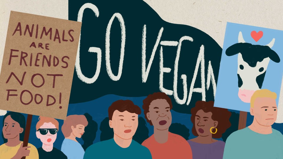 Zeichnung: Menschen mit Transparenten auf einer Go-Vegan-Demonstration