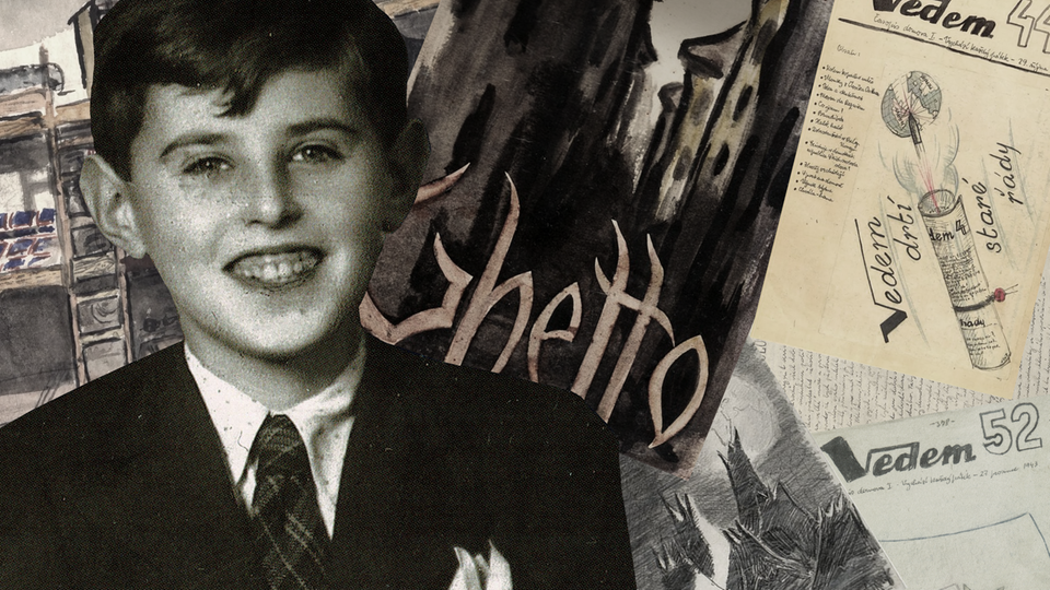 Bild-Collage in schwarz-weiß zeigt Petr Ginz als Kind im Anzug und das Wort Ghetto